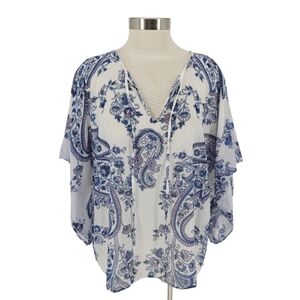 Karen Kane Shirt Silk White Floral Paisley Kimono Sleeve V Neck Peasant Top 1X